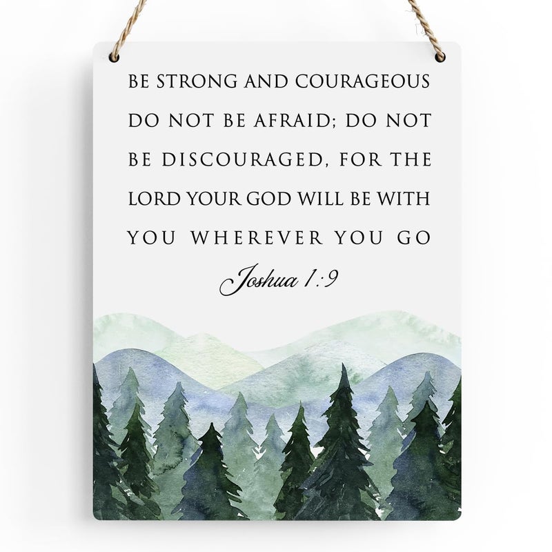 BELLOWDEER Inspirational Decor Be Strong and Courageous Joshua 1:9 Scripture Wooden Hanging Sign Christian Gift for Baby Kids Girl Boy Nursery Teen Room Bible Verse Wall Art 8 x 10 Inches - Image 1