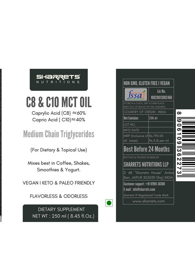 Sharrets C8 C10 Mct Oil 250Ml - Pure Medium Chain Triglycerides For Radiant Skin, Lustrous Hair, And Health & Wellness (Dietary & Topical Use). - Image 3