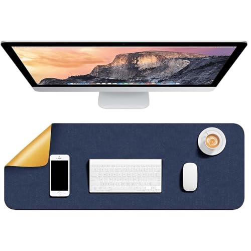 Dyazo Vegan PU Leather Mouse Pad for Remote Work/Office/Gaming, Large Desk Mat, Dual-Sided Anti-Slip, Water-Resistant Design (800 x 300mm, Navy Blue & Yellow) - Image 1