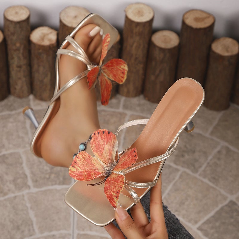 French Niche Elegant Butterfly Slippers Women''s 2025 New Spring and Summer Thin Heel Square Toe High Heel Sandals - Image 4