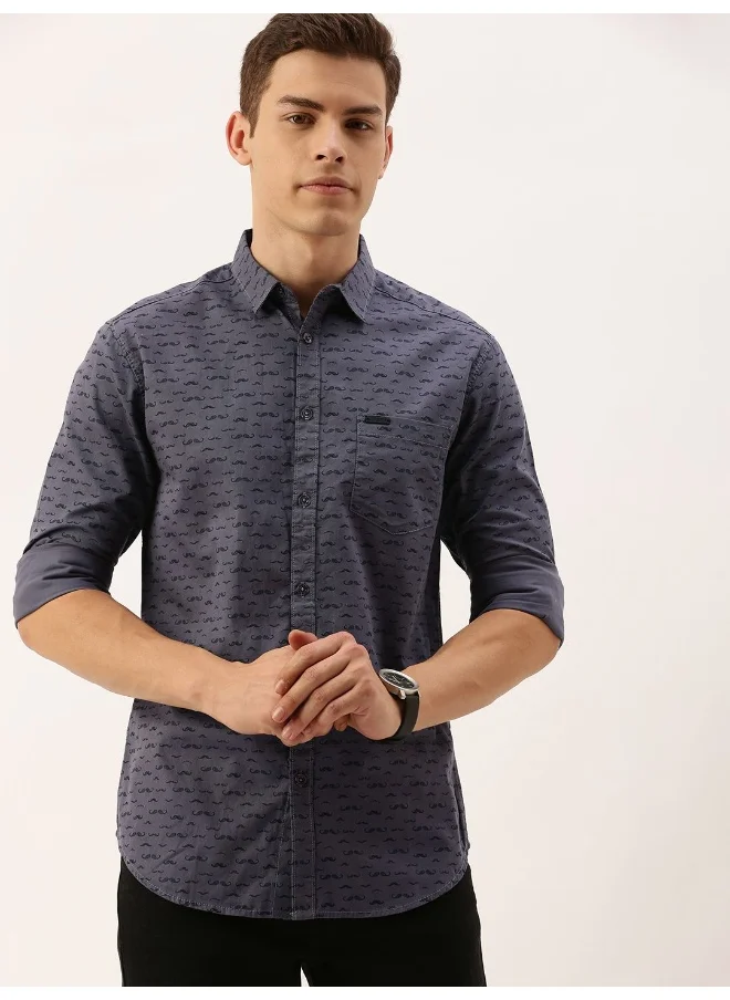 The Indian Garage Co Grey Slim Fit Casual Graphic Spread Collar Full Sleeves Cotton Shirt