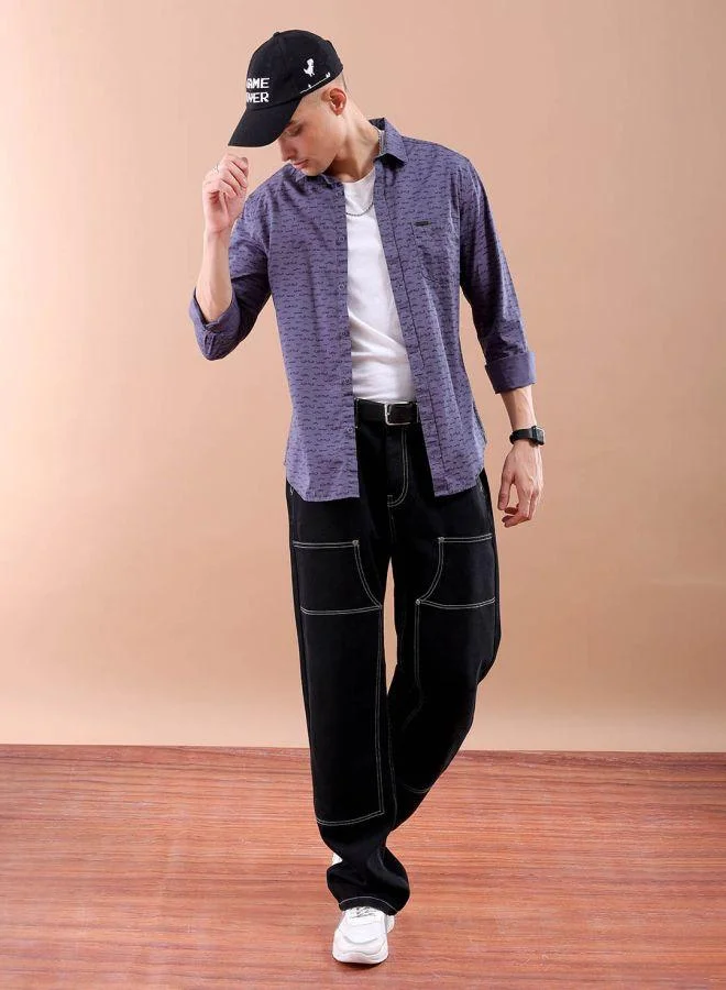 شركة المرآب الهندية Men Slim Fit Graphic Print Full Sleeves Spread Collar Casual Shirt