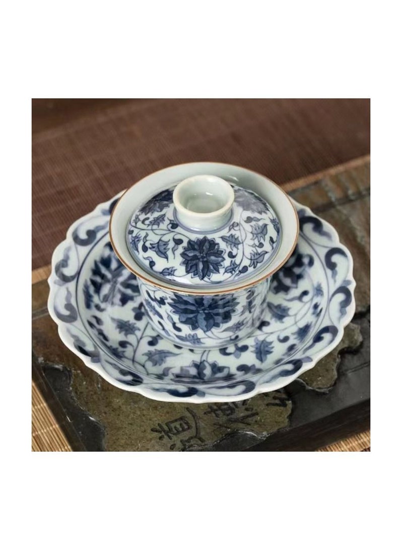 1-Piece Chinese Old Porcelain Blue and White Bowl Tea Set,Chinese Tea Bowl with Cover and Tray,Chinese Traditional Handicraft Ceramic Tea Set - Image 3