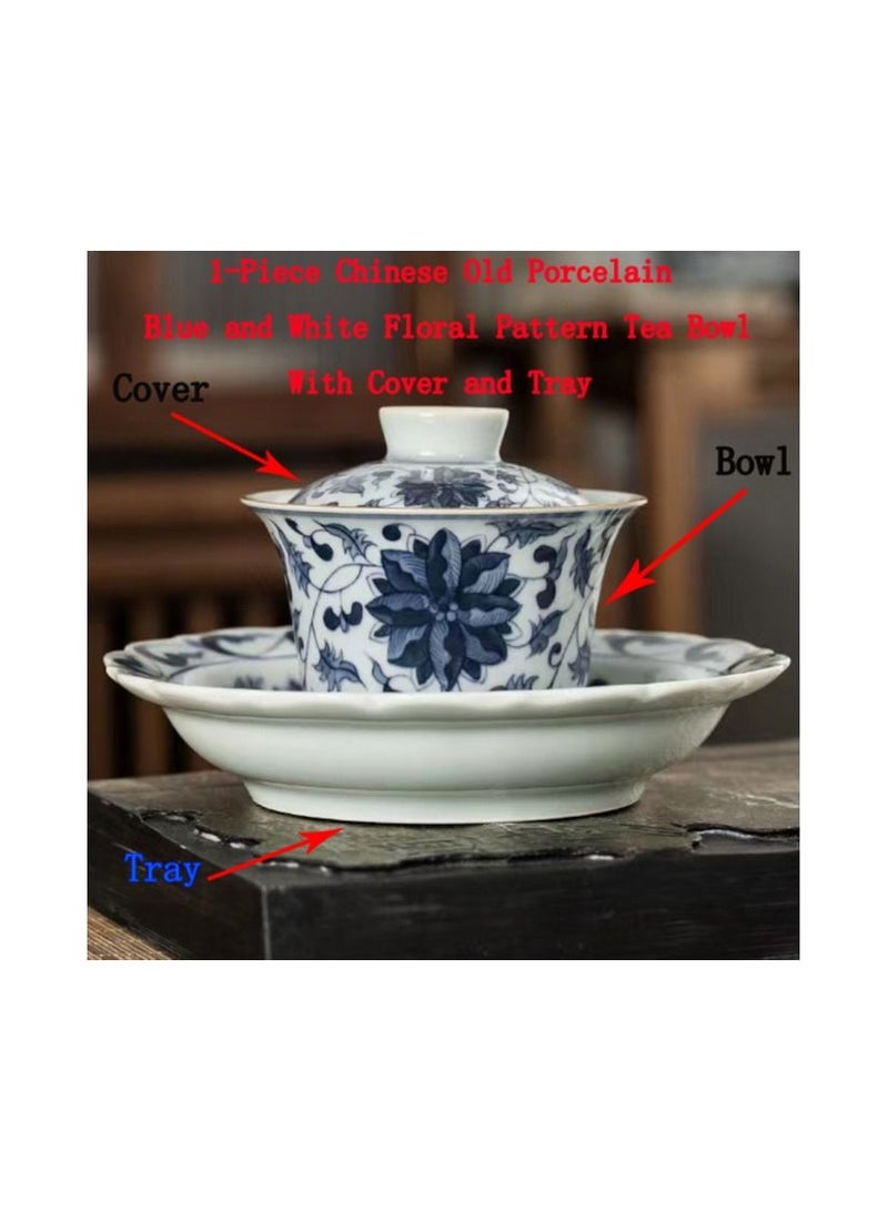 1-Piece Chinese Old Porcelain Blue and White Bowl Tea Set,Chinese Tea Bowl with Cover and Tray,Chinese Traditional Handicraft Ceramic Tea Set - Image 1