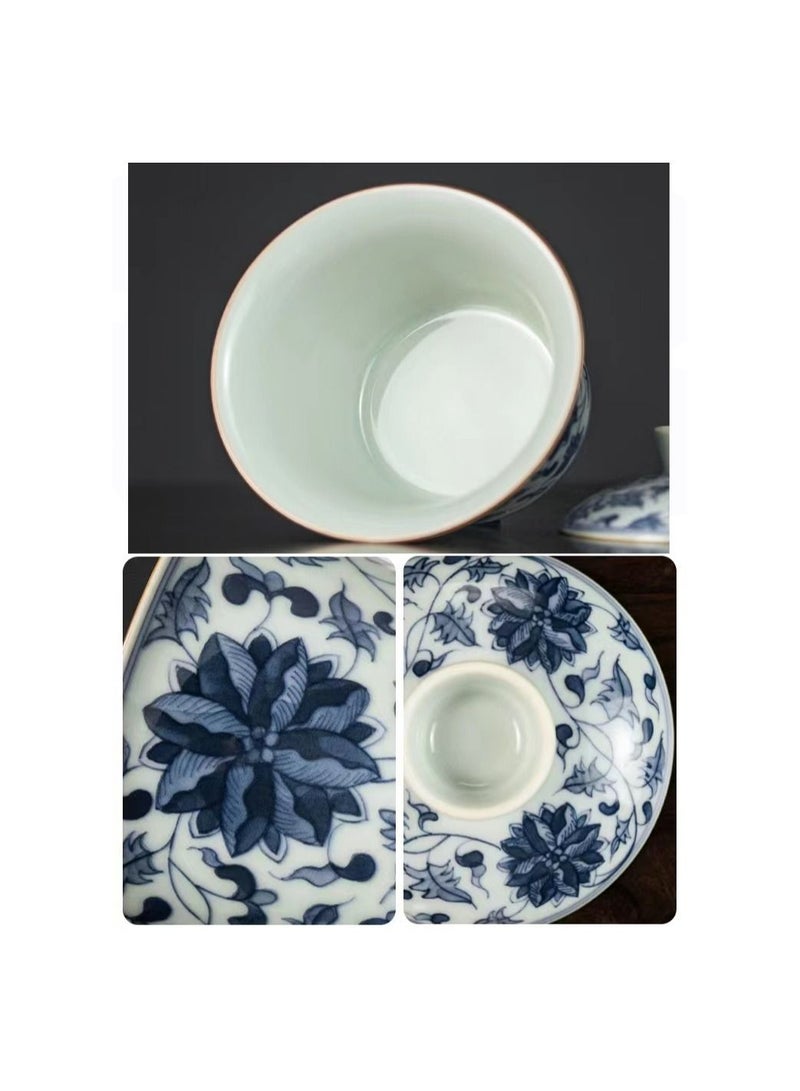 1-Piece Chinese Old Porcelain Blue and White Bowl Tea Set,Chinese Tea Bowl with Cover and Tray,Chinese Traditional Handicraft Ceramic Tea Set - Image 2