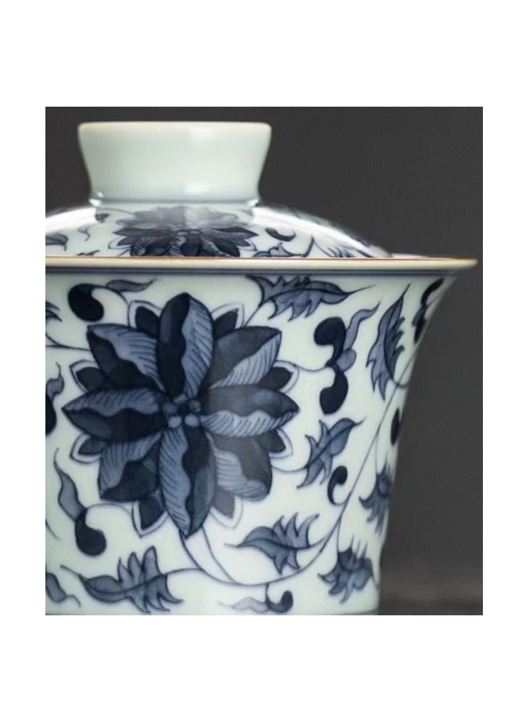 1-Piece Chinese Old Porcelain Blue and White Bowl Tea Set,Chinese Tea Bowl with Cover and Tray,Chinese Traditional Handicraft Ceramic Tea Set - Image 5