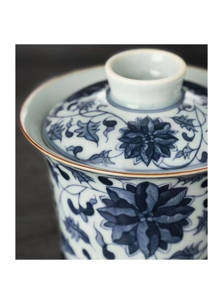 1-Piece Chinese Old Porcelain Blue and White Bowl Tea Set,Chinese Tea Bowl with Cover and Tray,Chinese Traditional Handicraft Ceramic Tea Set - Image 4