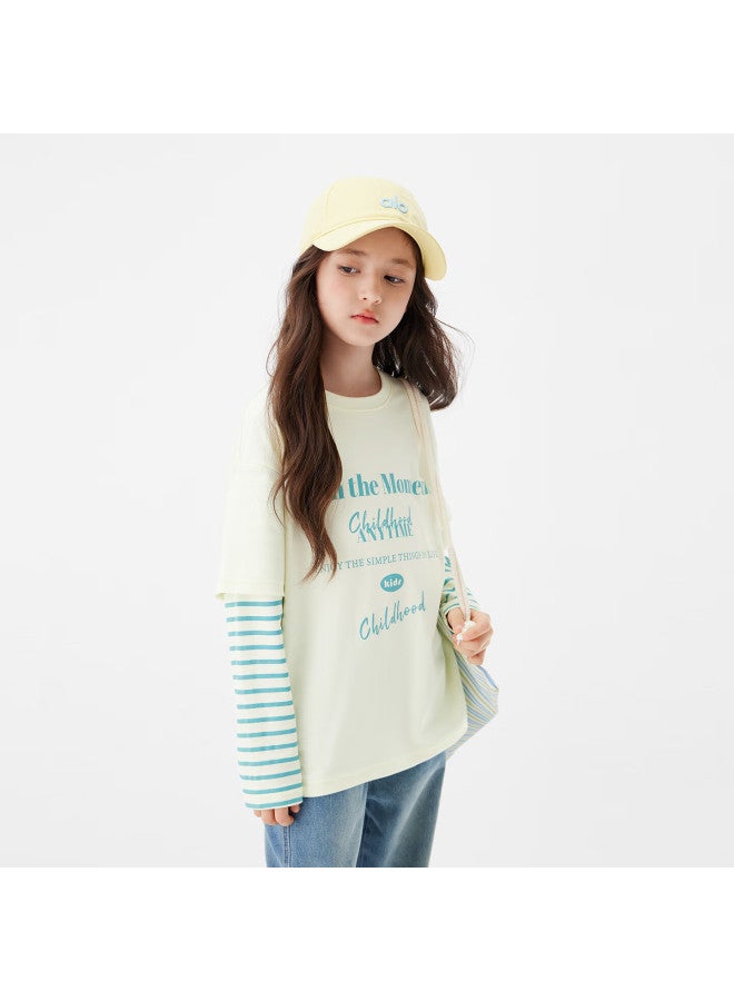 Zuoxi Girls' Long-sleeve T-shirt, Two-piece Children's Pure Cotton Autumn Wear, 2025 New Style For Older Girls, Undershirt, Yellow, Size 110 - Image 3