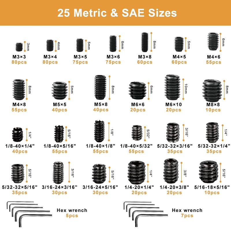 VIGRUE 1105PCS 25 Sizes Metric & SAE Set Screw Assortment Kit Internal Hex Drive Allen Grub Screws Set Cup-Point Alloy Steel, M3 to M8 and 1/8-40 to 5/16-18 - Image 2
