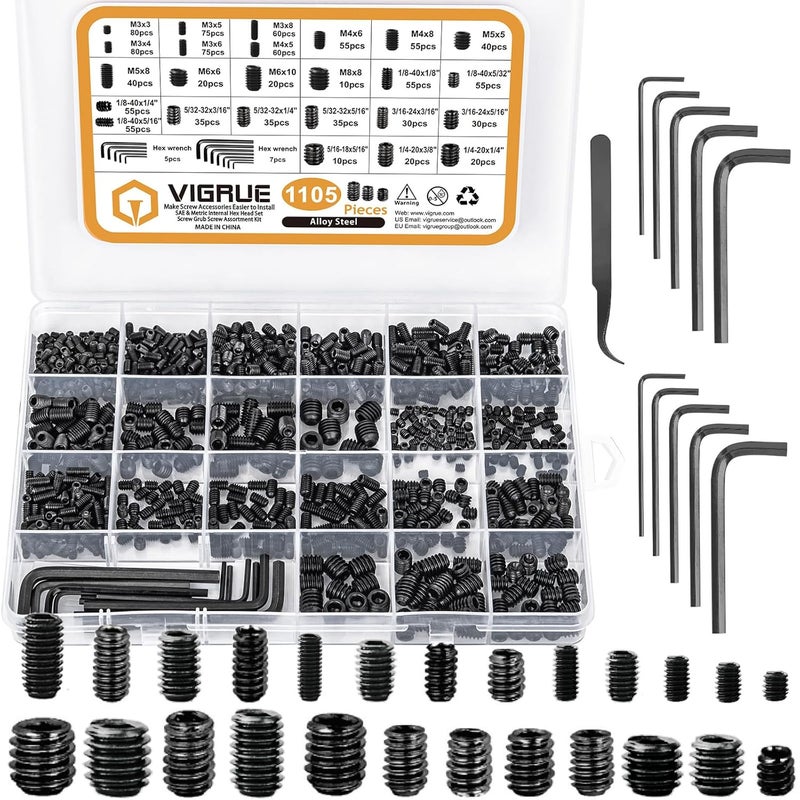 VIGRUE 1105PCS 25 Sizes Metric & SAE Set Screw Assortment Kit Internal Hex Drive Allen Grub Screws Set Cup-Point Alloy Steel, M3 to M8 and 1/8-40 to 5/16-18 - Image 1