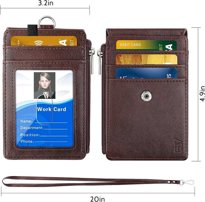 اي ال في حامل شارة بسحاب، محفظة بطاقة هوية من جلد PU مع 5 فتحات للبطاقات، جيب جانبي واحد لحجب RFID وحزام رقبة بطول 20 بوصة لبطاقات المكاتب والمدرسة ورخصة القيادة (بني) - Image 2