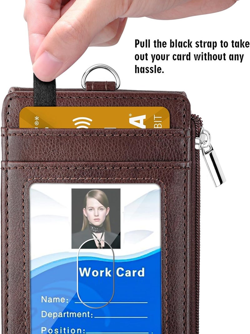 اي ال في حامل شارة بسحاب، محفظة بطاقة هوية من جلد PU مع 5 فتحات للبطاقات، جيب جانبي واحد لحجب RFID وحزام رقبة بطول 20 بوصة لبطاقات المكاتب والمدرسة ورخصة القيادة (بني) - Image 4
