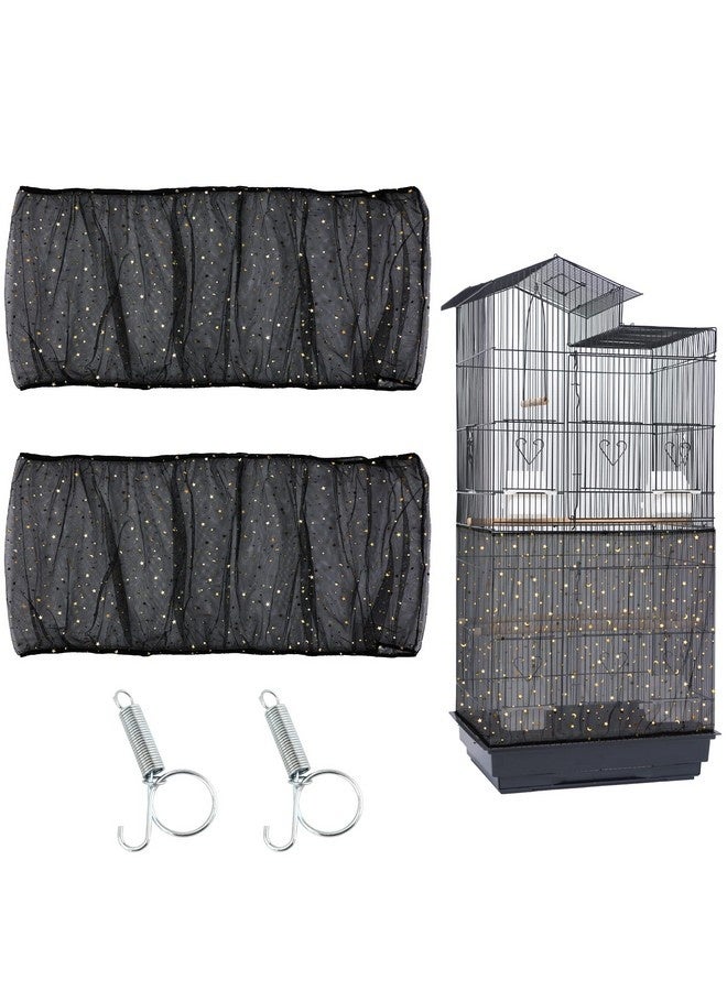 2Pcs Adjustable Bird Cage Seed Catcher(Black) Birdcage Nylon Mesh Cover Twinkle Star Universal Birdcage Cover For Parakeet Round Square Cage With Spring Hook - Image 1