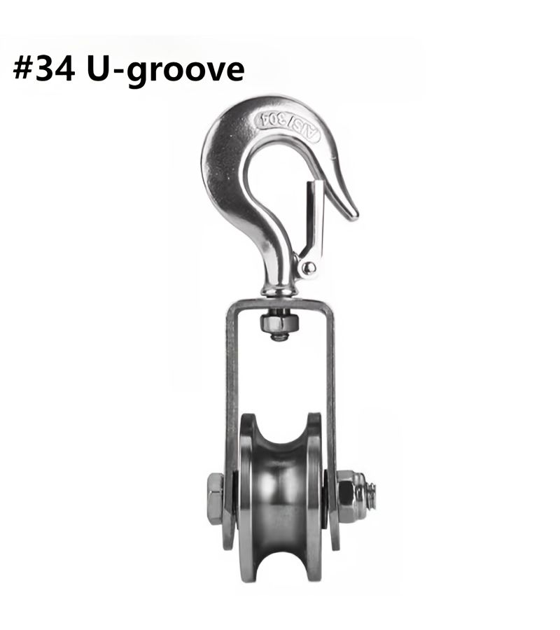 Heavy Duty 304 Stainless Steel 34 Hook And Ring Pulley With U V Groove 360 Degree Rotating Silent Block Bearing System Power Transmission For Gym Equipment And Material Handling Compatible With Chains Or Ropes Low Maintenance - Image 1