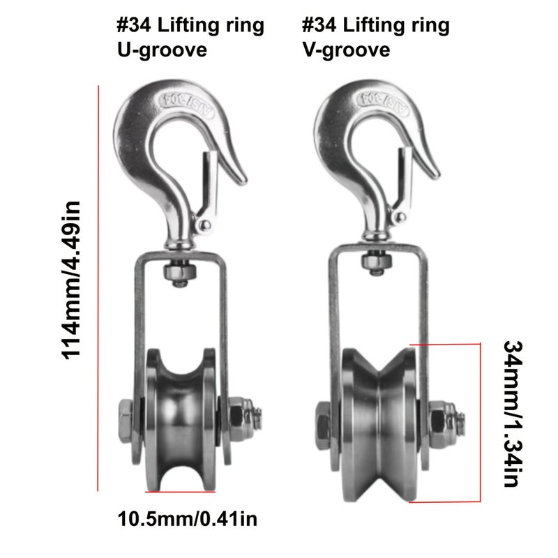 Heavy Duty 304 Stainless Steel 34 Hook And Ring Pulley With U V Groove 360 Degree Rotating Silent Block Bearing System Power Transmission For Gym Equipment And Material Handling Compatible With Chains Or Ropes Low Maintenance - Image 2