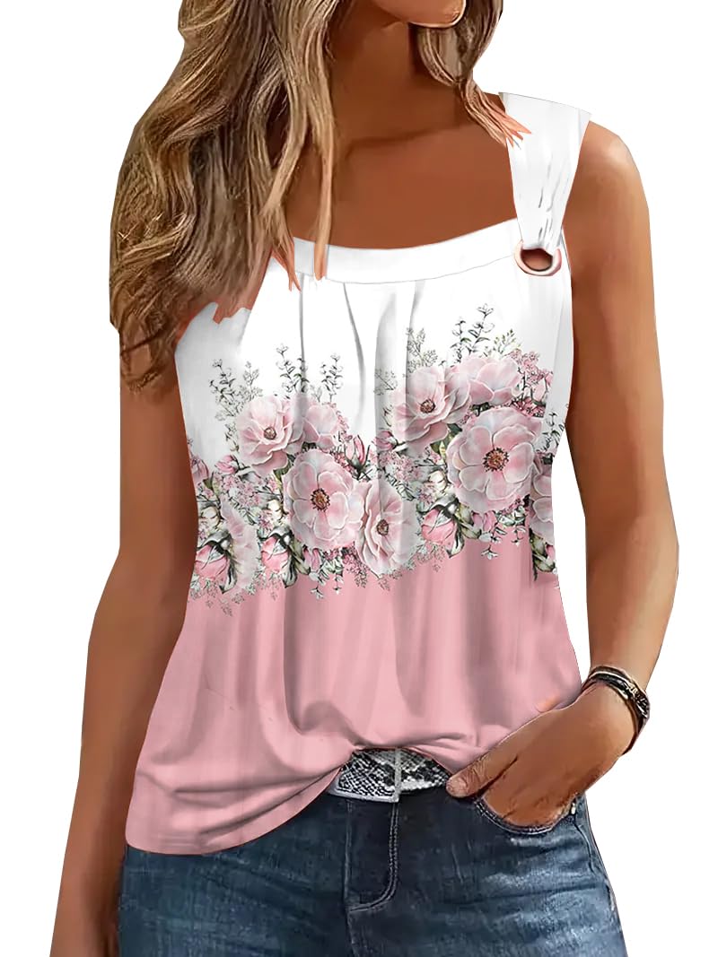 SAUKOLE Summer Cute Printed Tank Tops for Women Casual Pleated Square Neck O Ring Shoulder Blouse - Image 1