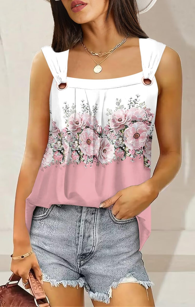SAUKOLE Summer Cute Printed Tank Tops for Women Casual Pleated Square Neck O Ring Shoulder Blouse - Image 3