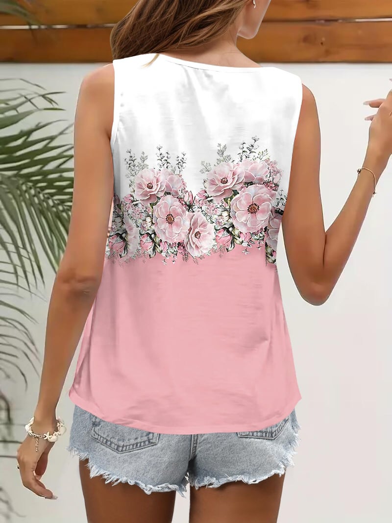 SAUKOLE Summer Cute Printed Tank Tops for Women Casual Pleated Square Neck O Ring Shoulder Blouse - Image 4