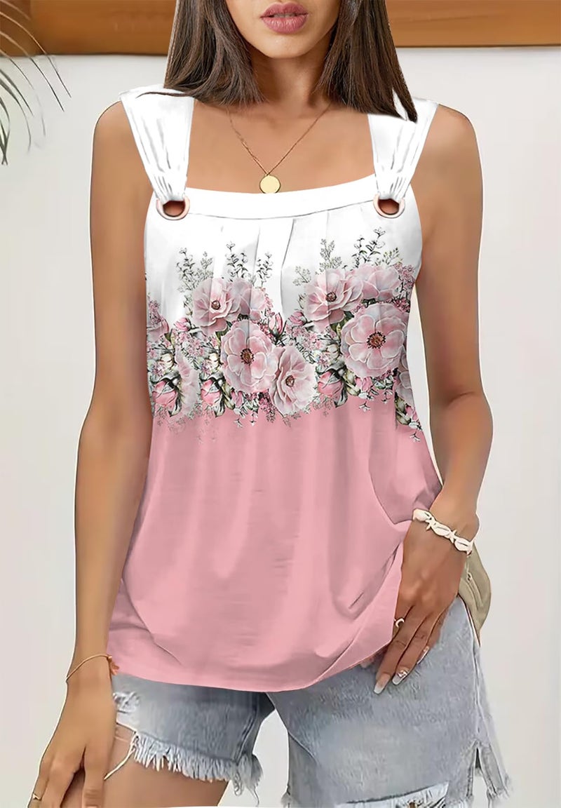 SAUKOLE Summer Cute Printed Tank Tops for Women Casual Pleated Square Neck O Ring Shoulder Blouse - Image 2