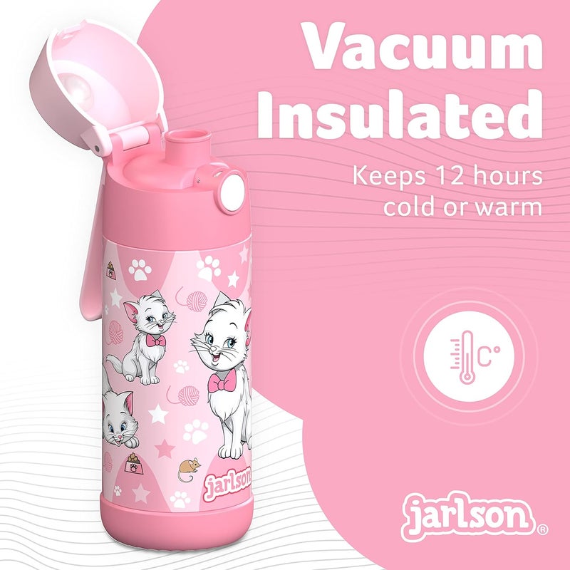 Jarlson قارورة مياه أطفال جارلسون® مالي [12 أونصة] - قارورة ترمس فولاذية مقاومة للصدأ بدون قشة - قارورة مياه معزولة مقاومة للتسرب للمدرسة والرياضة - كوب ترمس للأولاد والبنات (قطة) - Image 2