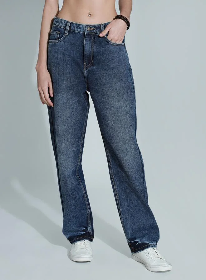 HIGH STAR Mid Rise Dark Wash Relaxed Fit Jeans with Pockets