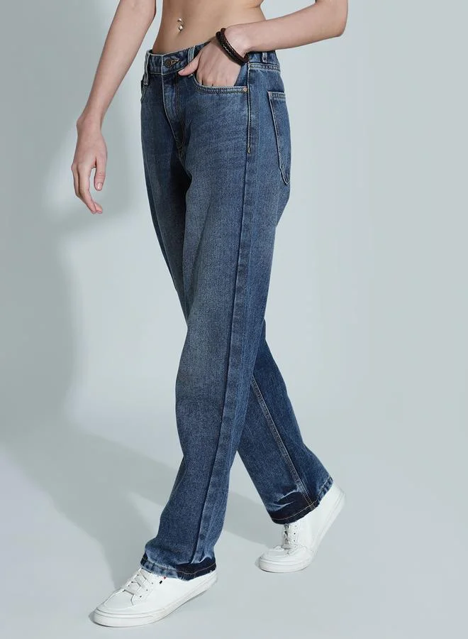 HIGH STAR Mid Rise Dark Wash Relaxed Fit Jeans with Pockets