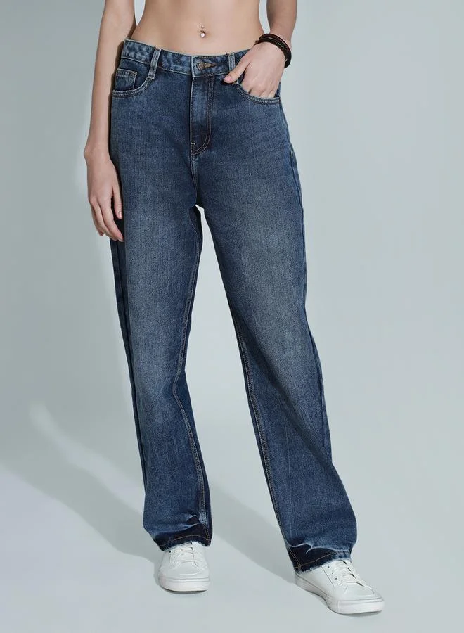 HIGH STAR Mid Rise Dark Wash Relaxed Fit Jeans with Pockets by Styli