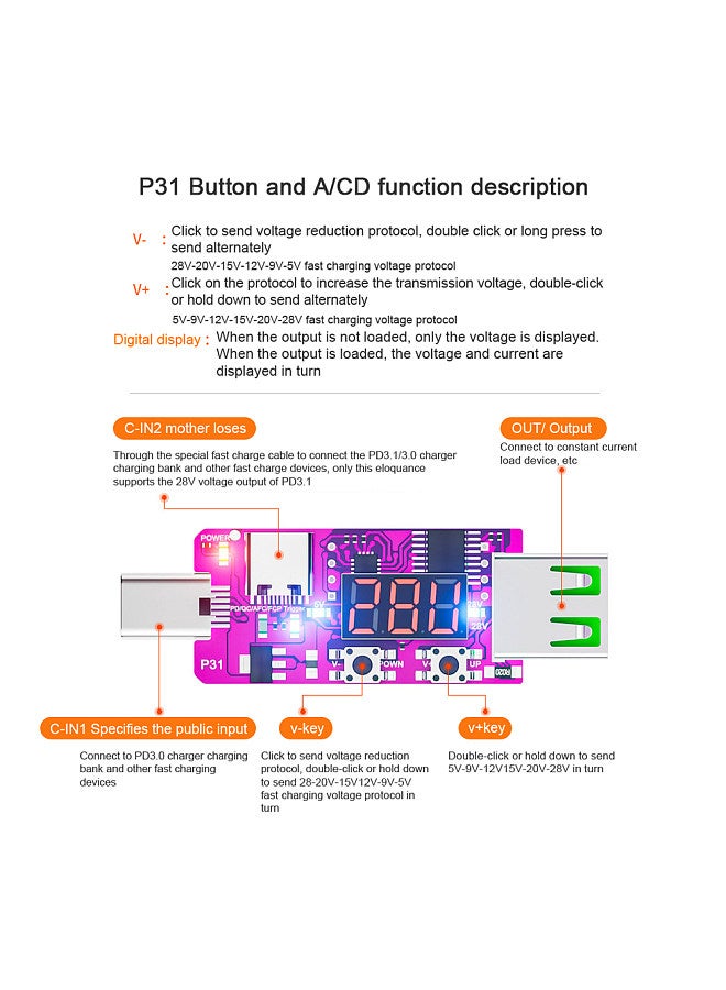 PD3.1 28V Quick ReCharge Trigger Automatic Digital Display Voltage Meter Ammeter Voltage Current Detector Board  - Image 2