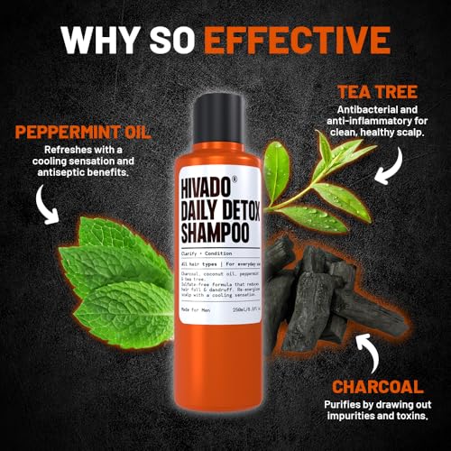 Hivado Daily Detox Shampoo for Men - Anti-Dandruff, Itchy & Flaky Scalp Relief - Fights Build-Up, Dirt, Oil, Hard Water - Tea Tree, Charcoal, Peppermint & Coconut Oil - Sulfate-Free, 250ml - Image 3