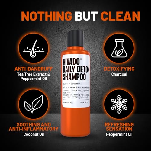Hivado Daily Detox Shampoo for Men - Anti-Dandruff, Itchy & Flaky Scalp Relief - Fights Build-Up, Dirt, Oil, Hard Water - Tea Tree, Charcoal, Peppermint & Coconut Oil - Sulfate-Free, 250ml - Image 2