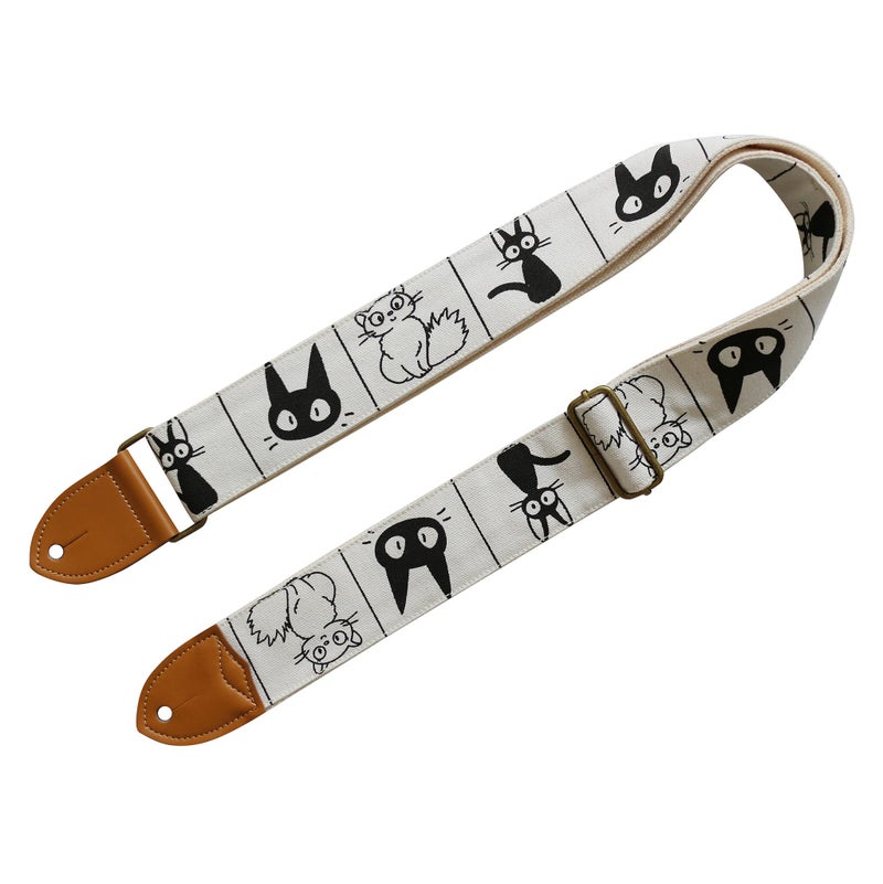 MUSIC FIRST Original Design, 2 inch width (5cm), Cute Comic Cat Soft Cotton Canvas & Genuine Leather Electric Guitar Strap Bass Strap (Comic Cat) - Image 4