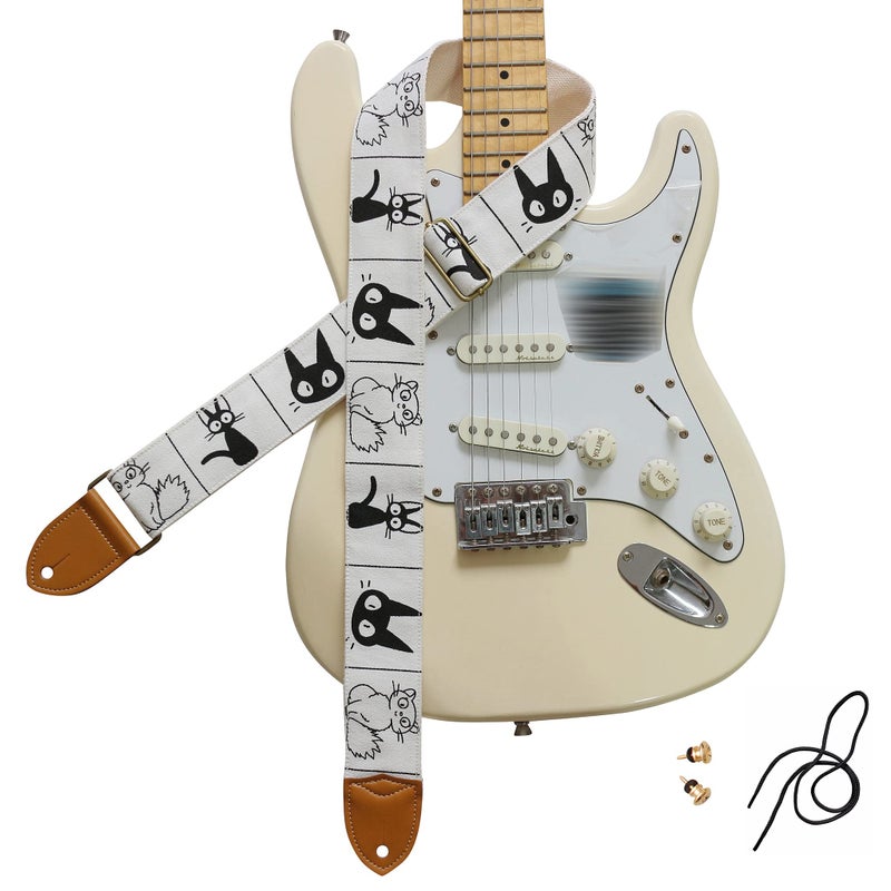 MUSIC FIRST Original Design, 2 inch width (5cm), Cute Comic Cat Soft Cotton Canvas & Genuine Leather Electric Guitar Strap Bass Strap (Comic Cat) - Image 1
