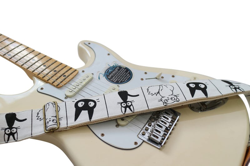 MUSIC FIRST Original Design, 2 inch width (5cm), Cute Comic Cat Soft Cotton Canvas & Genuine Leather Electric Guitar Strap Bass Strap (Comic Cat) - Image 2