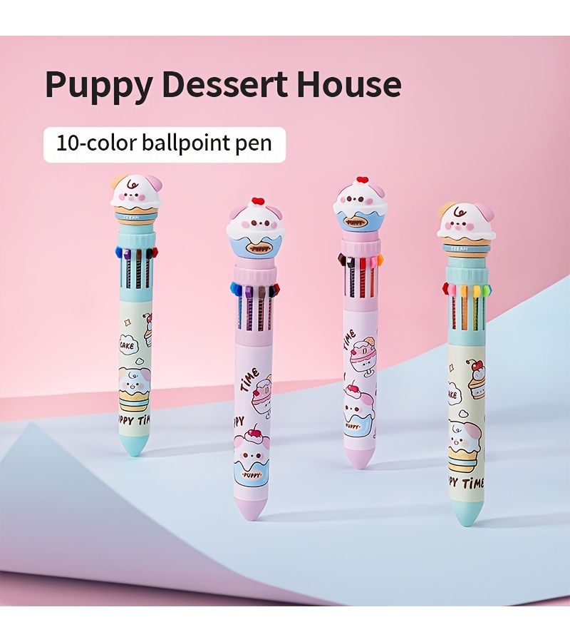 Puppy Dessert Shop Ten Color Ballpoint Pen Refillable Multicolor Cartoon Writing Pen Student Painting Handbook Note Marking Stationery Cute Creative Gift 2pcs - Image 1