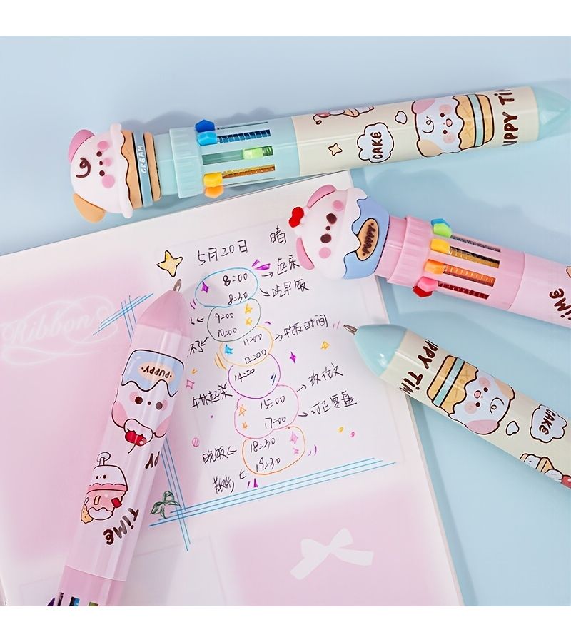 Puppy Dessert Shop Ten Color Ballpoint Pen Refillable Multicolor Cartoon Writing Pen Student Painting Handbook Note Marking Stationery Cute Creative Gift 2pcs - Image 5