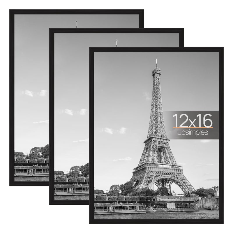 upsimples 12x16 Picture Frame Black 3 Pack, Scratch-Proof Poster Frames 12 x 16 for Photo Gallery - Slide-In Strips, Horizontal or Vertical Wall Mounting - Image 1
