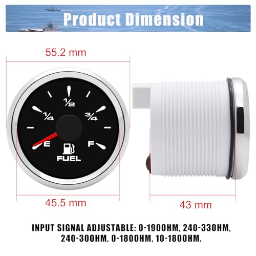 Geloo Marine Fuel Gauge 52mm Digital Boat Gauge Replacement 240-33ohm 0-190ohm Signal Adjustable with 8 Colors Backlight for Motorcycle Boat Car-Sliver - Image 4