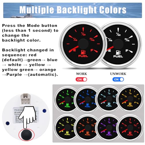 Geloo Marine Fuel Gauge 52mm Digital Boat Gauge Replacement 240-33ohm 0-190ohm Signal Adjustable with 8 Colors Backlight for Motorcycle Boat Car-Sliver - Image 3