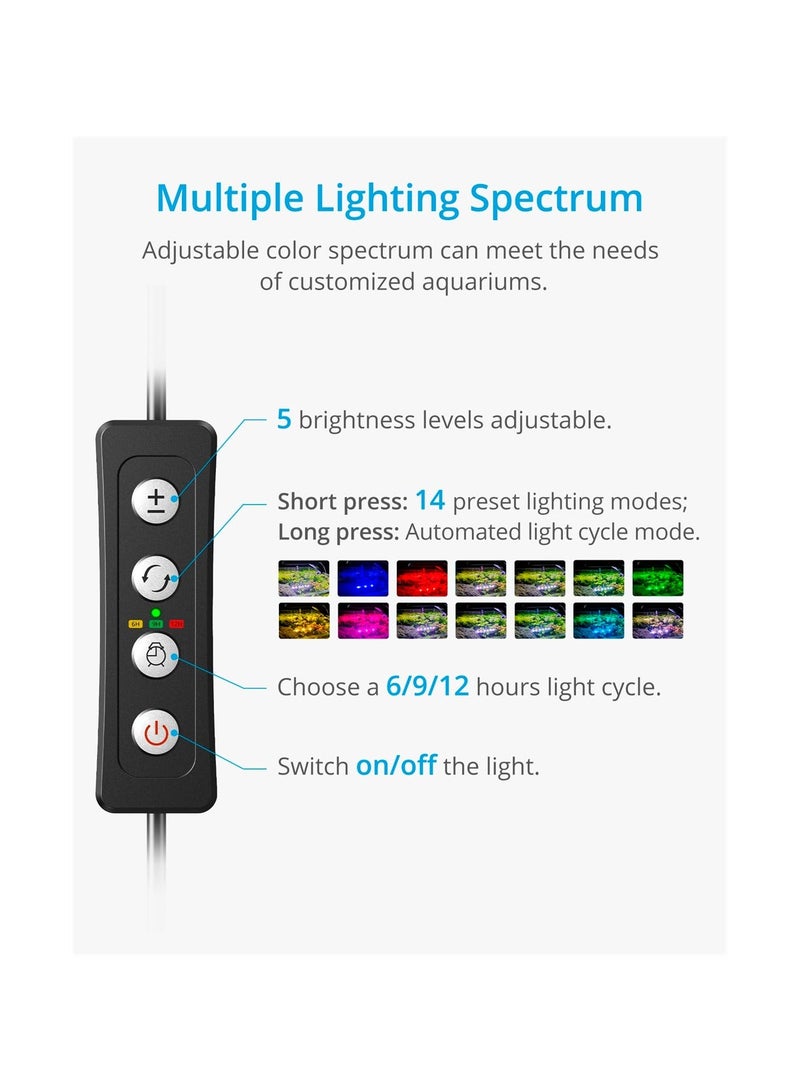 LED Aquarium Light, Clip-on Lamp Aquatic Plant Lighting, 14 Lighting Modes Intensity Adjustable with Inline Timer Controller, for Frameless Aquariums up to 20L, 6 Watts [Energy Class G] - Image 4