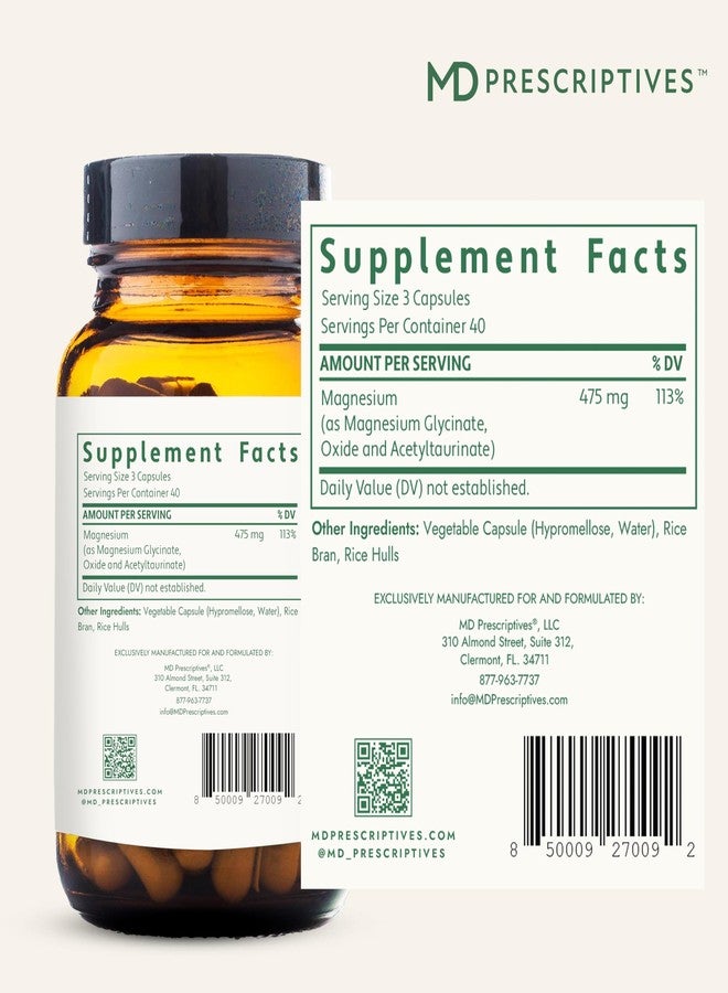 MD Prescriptives إم دي بريسكريبتيفز - مغنيسيوم إم دي - مكمل غذائي عالي الامتصاص من المغنيسيوم مع جليسينات وأسيتيل تورينات - 120 كبسولة - Image 2