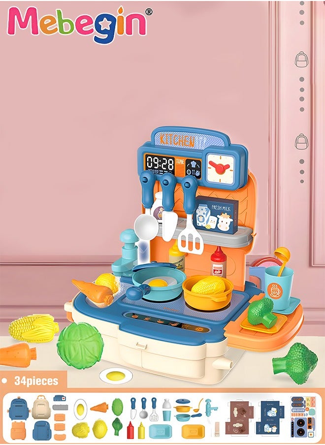 MEBEGIN - 34Pcs Kitchen Playset, Portable Kitchen Toys Backpack, Pretend Role Play Toys with Rich Kitchen Accessories, Creative Play House toys Kit, Fun Educational Toys, Easy to Assemble, Ideal Gifts for Kids - Image 1