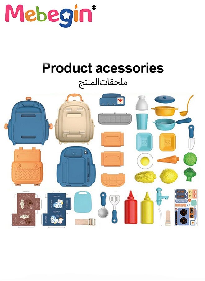 MEBEGIN - 34Pcs Kitchen Playset, Portable Kitchen Toys Backpack, Pretend Role Play Toys with Rich Kitchen Accessories, Creative Play House toys Kit, Fun Educational Toys, Easy to Assemble, Ideal Gifts for Kids - Image 1