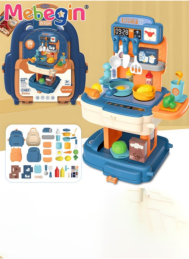 MEBEGIN - 34Pcs Kitchen Playset, Portable Kitchen Toys Backpack, Pretend Role Play Toys with Rich Kitchen Accessories, Creative Play House toys Kit, Fun Educational Toys, Easy to Assemble, Ideal Gifts for Kids - Image 1