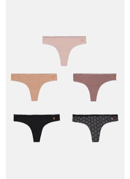 CXL by Christian Lacroix Women 5 Piece Brand Logo Seamless Thong Panties, Black Combo  - Image 1