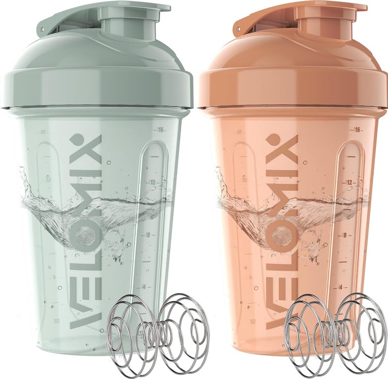VELOMIX -2 Pack- 20 oz Protein Shaker Bottles for Protein Mixes - 2x Wire Whisk | Leak Proof Shaker Cups for Protein Shakes and Pre Workout | Protein Shaker Bottle Pack (Mint Glow) - Image 1