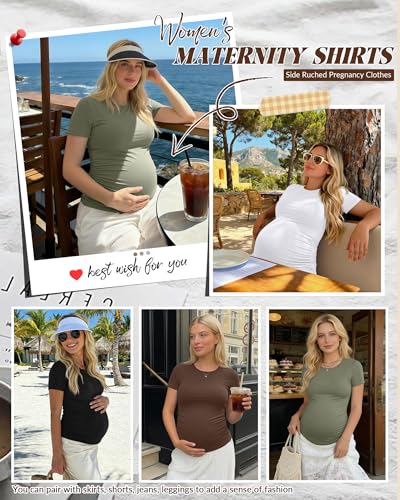 Huukeay 4 Pack Womens Maternity Shirts Crew Neck Maternity Top Short Sleeve Casual Cotton Tee Side Ruched Pregnancy ClothesBlack White Coffee Army GreenMedium - Image 3