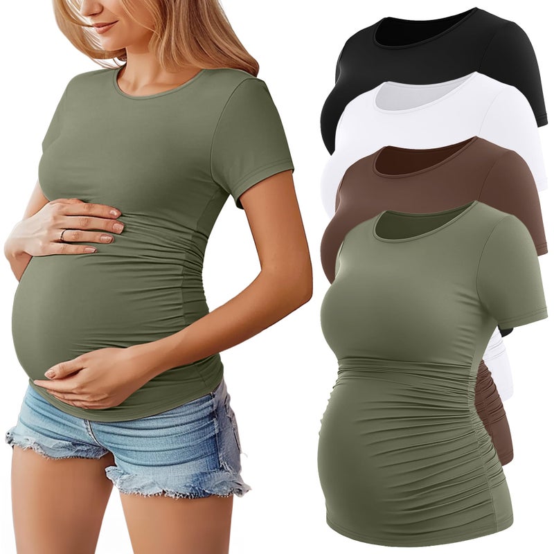 Huukeay 4 Pack Womens Maternity Shirts Crew Neck Maternity Top Short Sleeve Casual Cotton Tee Side Ruched Pregnancy ClothesBlack White Coffee Army GreenMedium - Image 2