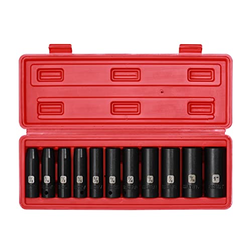 EMENTOL 11PCS 1/2" Drive Deep Impact Socket Set, 6-Point, CR-V, 11 Pieces 1/2-Inch SAE Sockets, 3/8 Inch - 1 Inch - Image 1