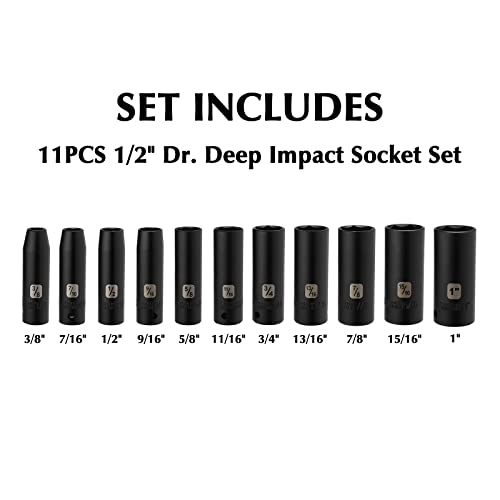 EMENTOL 11PCS 1/2" Drive Deep Impact Socket Set, 6-Point, CR-V, 11 Pieces 1/2-Inch SAE Sockets, 3/8 Inch - 1 Inch - Image 2
