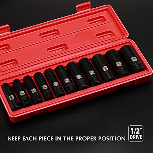 EMENTOL 11PCS 1/2" Drive Deep Impact Socket Set, 6-Point, CR-V, 11 Pieces 1/2-Inch SAE Sockets, 3/8 Inch - 1 Inch - Image 5